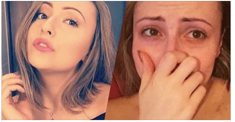 Split image comparison showing two different expressions or states of the same woman