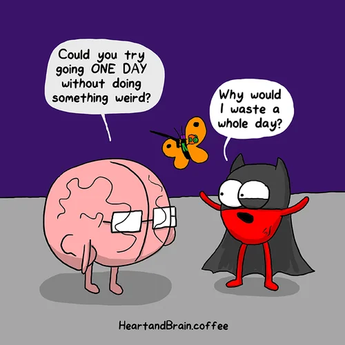 Cartoon brain character wearing glasses asks devil character if they could go one day without doing something weird; devil responds asking why waste a whole day