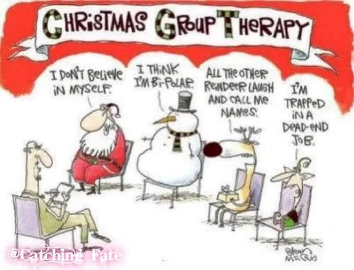 Cartoon illustration showing Santa, a snowman, and other characters in a group therapy session discussing holiday stress and anxiety.