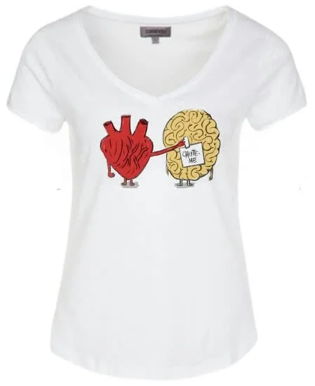 White v-neck t-shirt with illustration of red heart and yellow brain passing a note labeled 'Hi there'