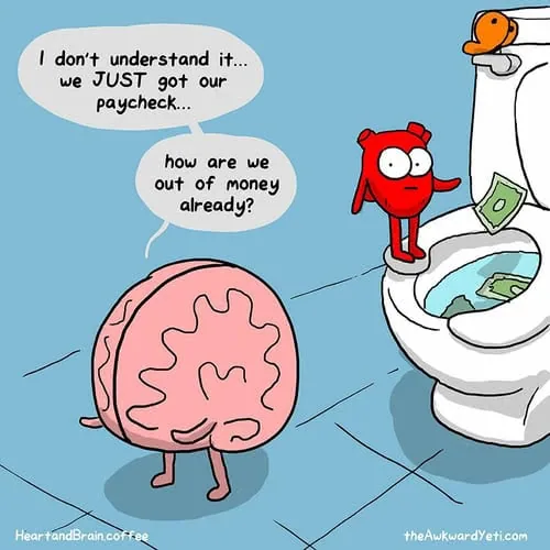 Cartoon illustration showing a pink brain looking confused at a heart character and figure throwing money down a toilet, with speech bubbles about paycheck and running out of money.
