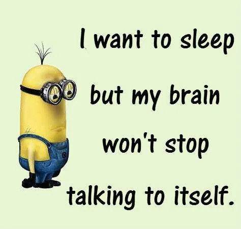 Yellow character with goggles and blue overalls on pale green background with text about insomnia and racing thoughts