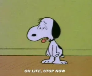 Cartoon dog character standing against yellow-green wall with text reading 'OH LIFE, STOP NOW'