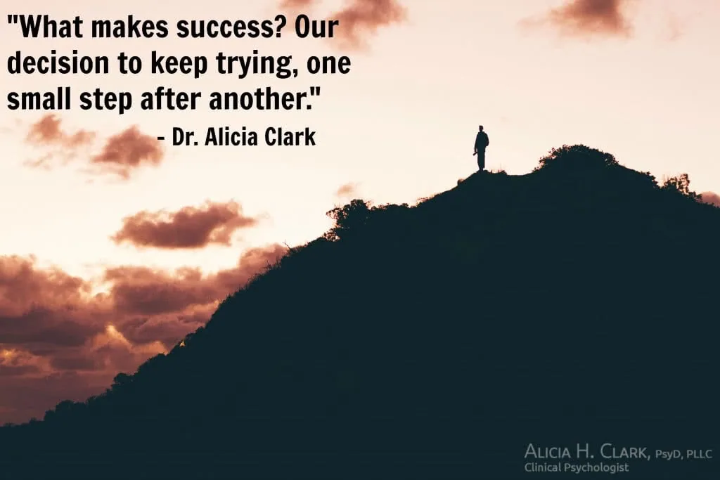 Silhouette of person standing on hilltop at sunset with motivational quote about success through persistence