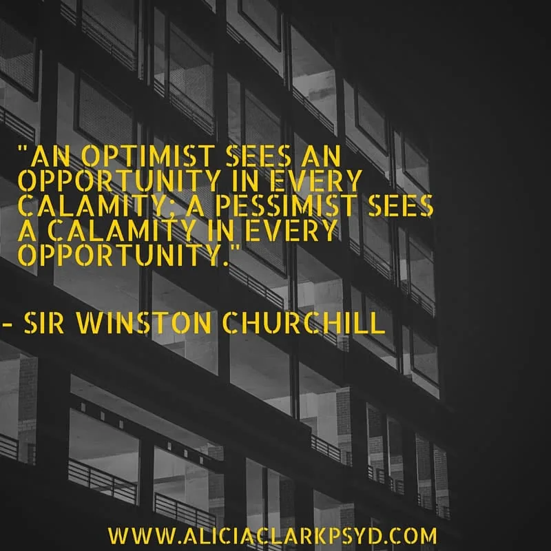 Quote by Sir Winston Churchill on optimism and pessimism overlaid on black and white image of modern building with windows