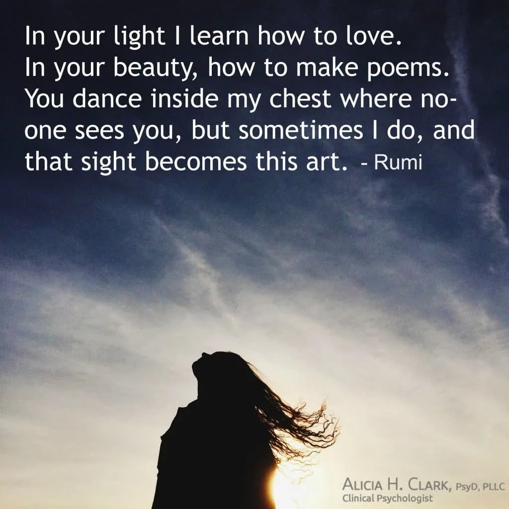 Silhouette of a woman with wind-blown hair against a cloudy sky, with a Rumi quote about love and beauty.