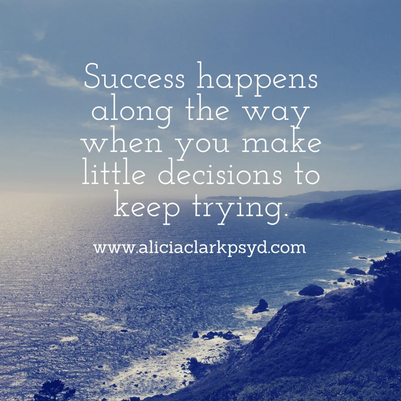 Coastal landscape with rocky cliffs and sea under blue sky, overlaid with motivational quote about success and perseverance.