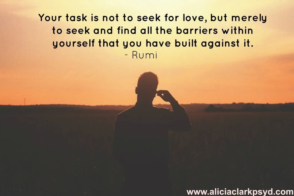 Silhouette of person at sunset with Rumi quote about seeking barriers within oneself