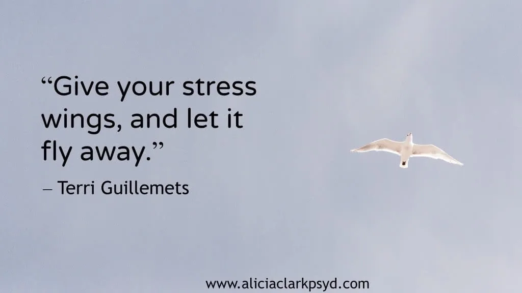 Bird flying in sky with quote 'Give your stress wings, and let it fly away.' by Terri Guillemets