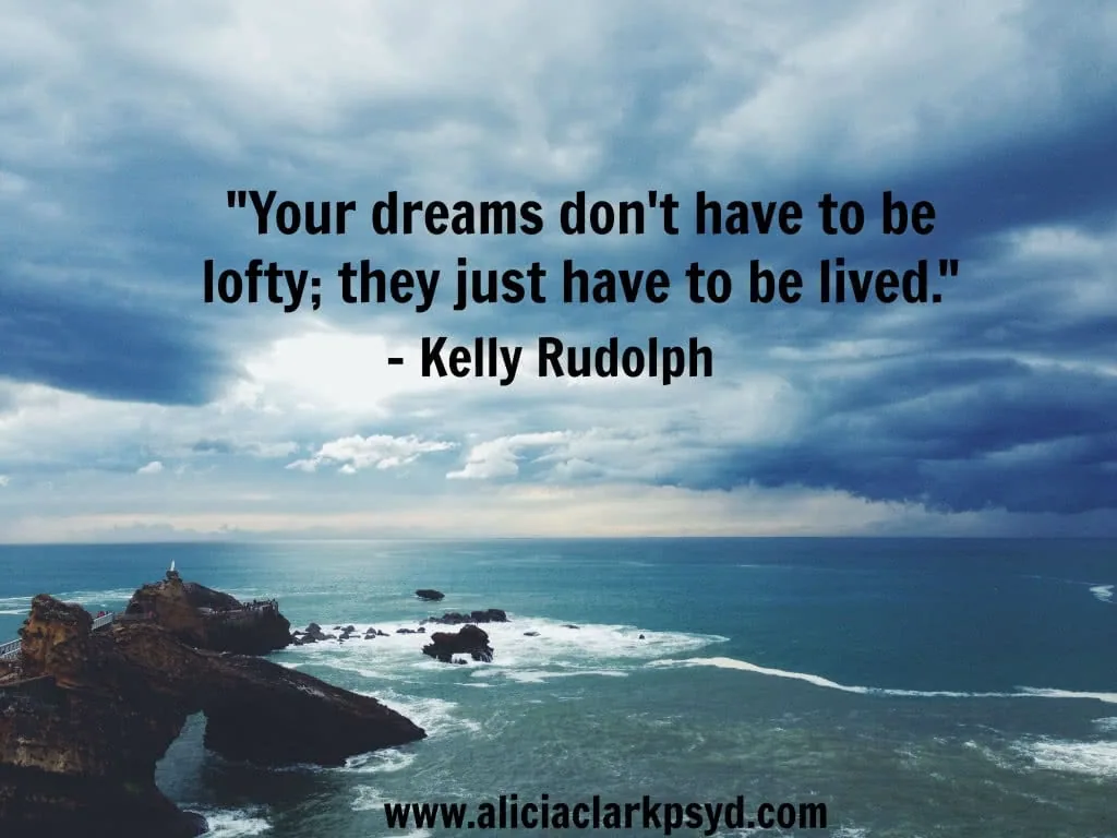 Coastal landscape with rocky outcrops and turbulent ocean waters under dramatic blue sky with inspirational quote about dreams by Kelly Rudolph