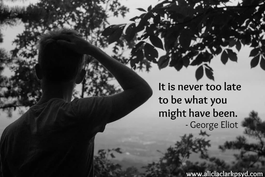 Person from behind with hand to head gazing at sky and trees with George Eliot quote about becoming who you might have been