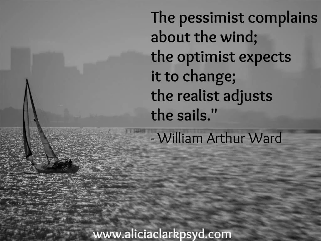 Sailboat on water with William Arthur Ward quote about pessimists, optimists, and realists adjusting sails