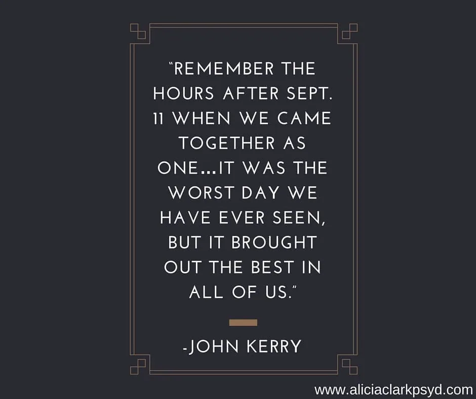 Quote about September 11 remembrance attributed to John Kerry on dark background with decorative border