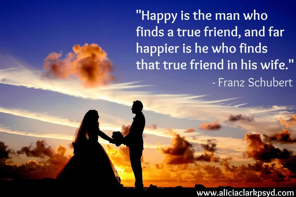Silhouettes of a bride and groom holding hands against a dramatic golden sunset sky with quote about friendship and marriage.