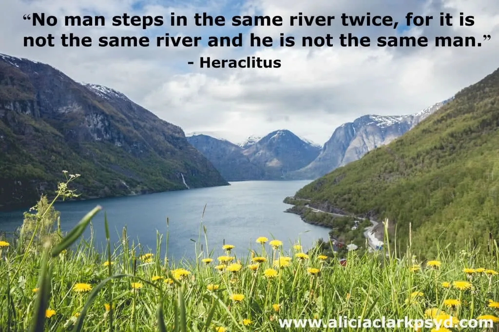 Mountain lake surrounded by forested peaks with yellow wildflowers in foreground and Heraclitus quote about change overlaid