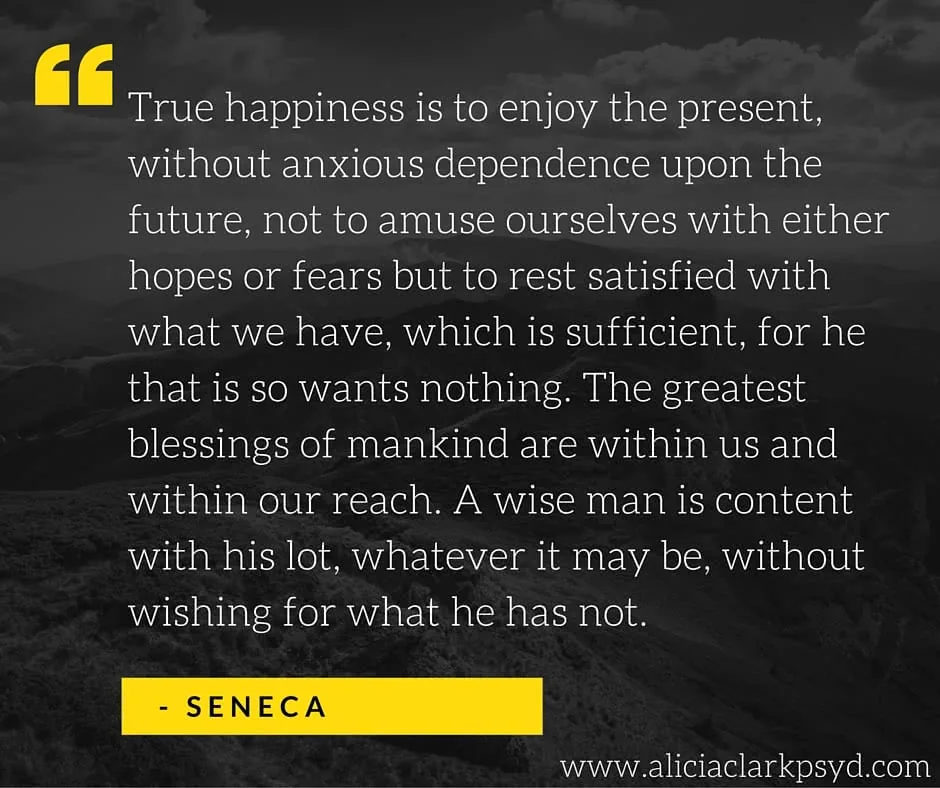 Quote by Seneca about true happiness and contentment with present circumstances on dark cloudy background